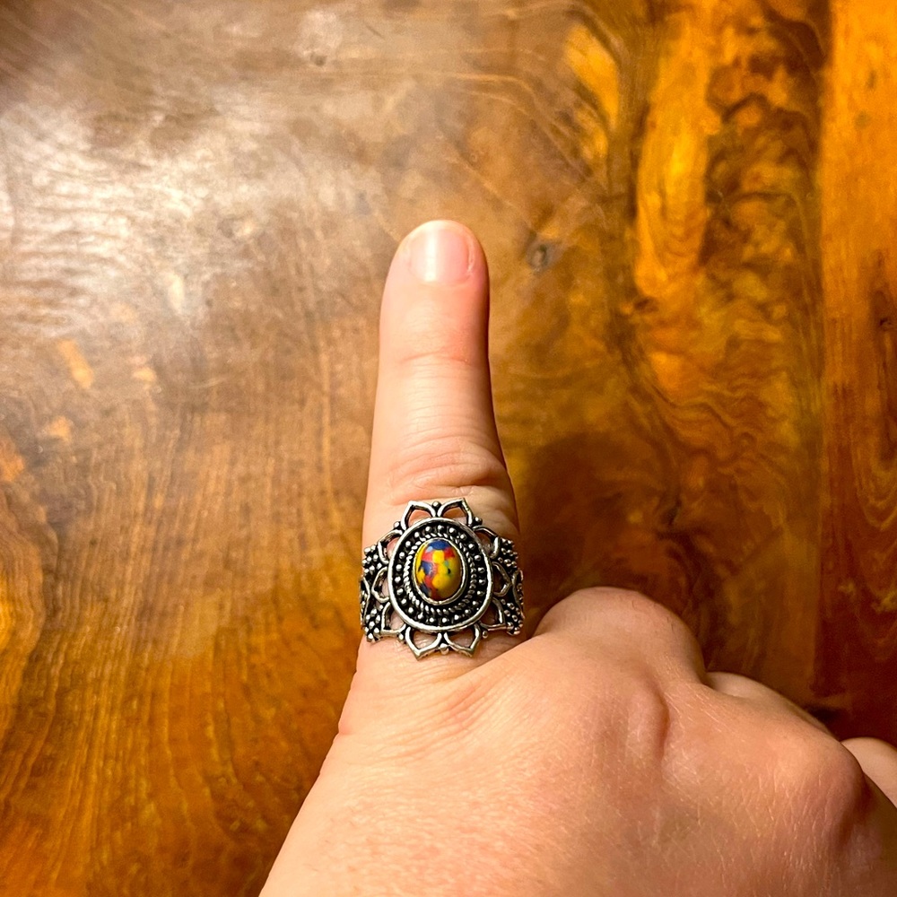 Ornate Sterling Silver Fashion Ring with Multicolor Stone Size 7